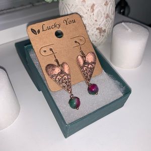 Lucky You Heart Drop Copper Tone Earrings